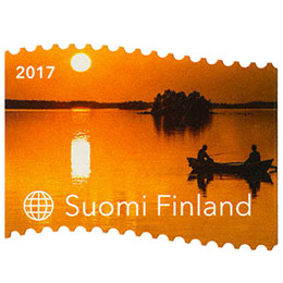 Tyynen rauhallisesti - Auringonlasku järvellä postimerkki ulkomaat ikimerkki